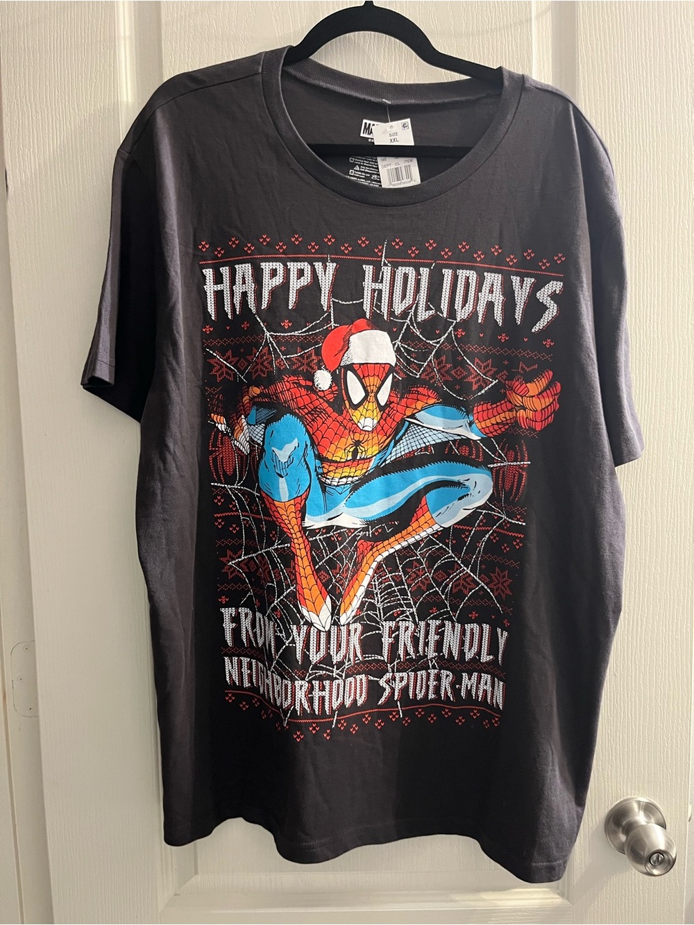 Spiderman Black Happy Holidays Graphic Tee with Red & Blue